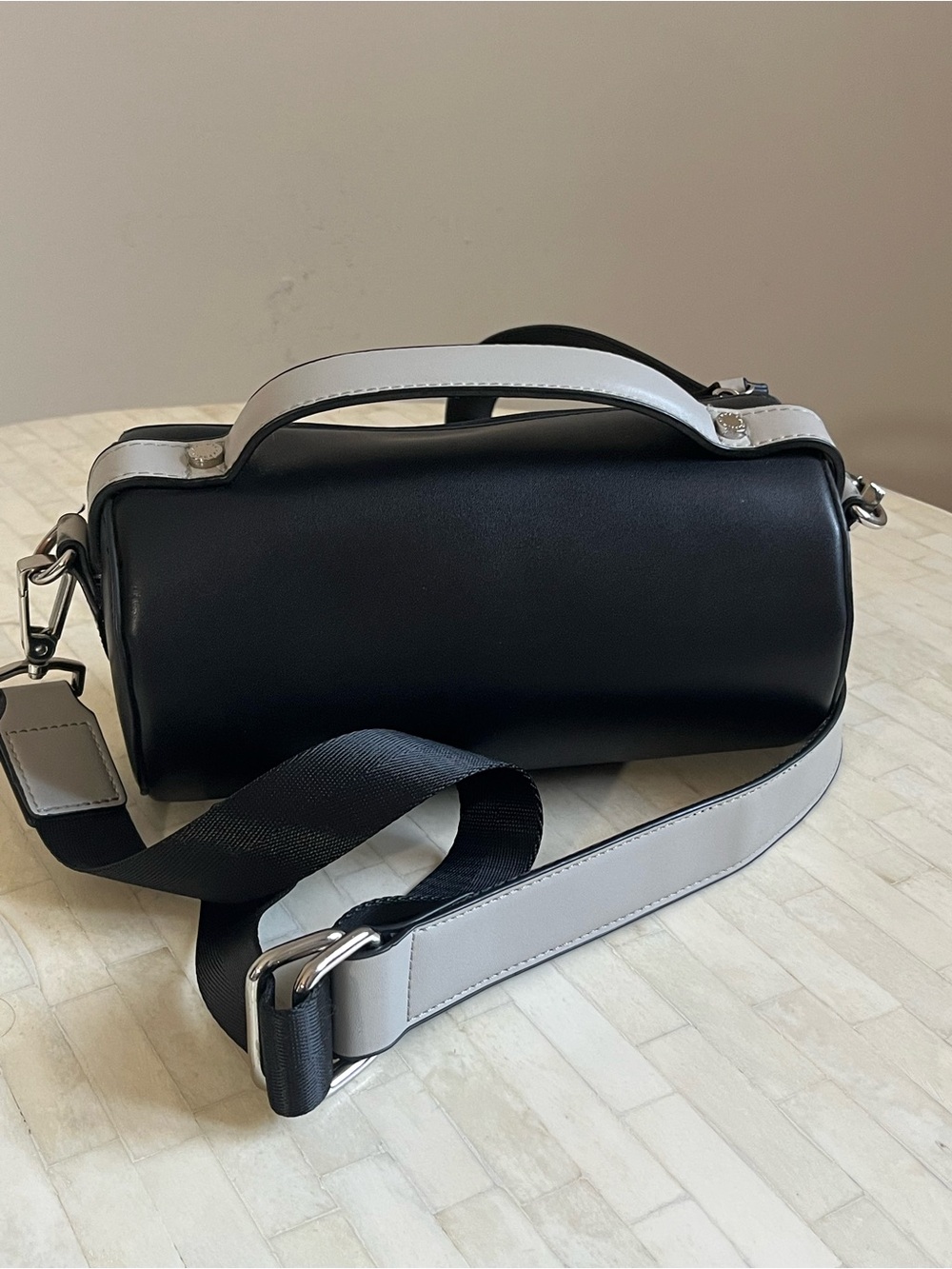 Upper West Side Barrel Bag Vegan Leather Adjustable Removable Strap Black Gray